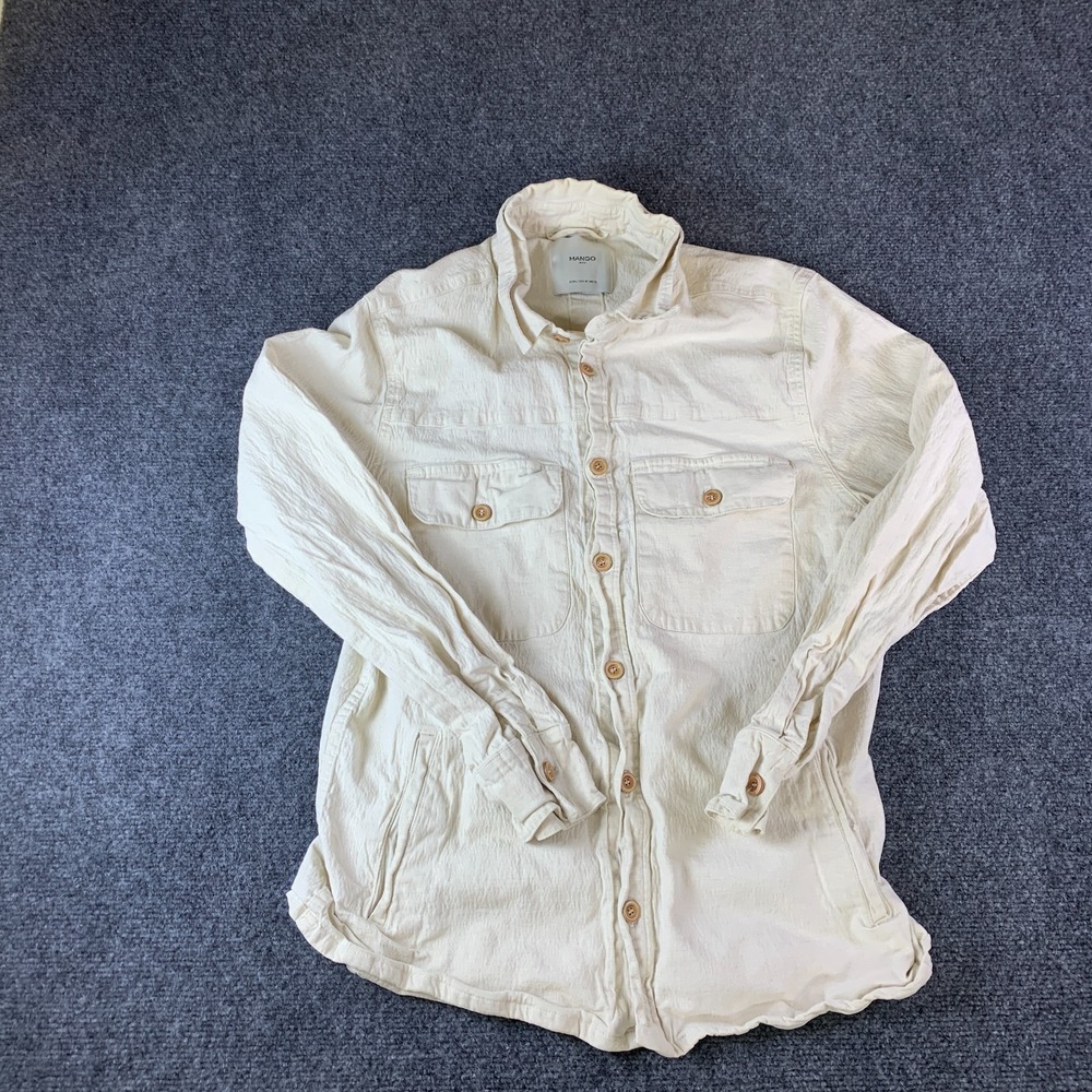 Mango Overshirt Mens Medium Beige Linen Long Sleeve Pockets Button Front Casual